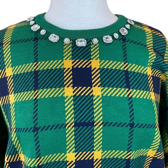 Rachel Zoe Long Sleeve Green Yellow Black Plaid Sweater Jeweled Neckline XL NWT - Picture 2 of 8
